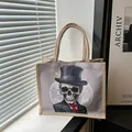 Linen tote bag with cartoon skeleton gentleman print and sturdy woven handles - Skeleton with Suit and Red Bow Tie (Style 3)