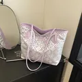 Lavender jacquard tote bag with geometric patterns and purple leather handles - Standard Type / Light Purple