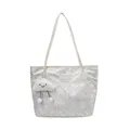 Silver jacquard tote bag with geometric patterns and a cloud plush charm accessory - With Pendant / White