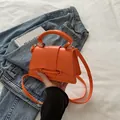 Vibrant orange mini crossbody handbag with curved base and golden hardware accents - Orange