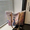 Sac fourre-tout en toile avec imprimé paon et anses en cuir marron, modèle variant - Violet
