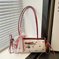 Sac à bandoulière en toile crème avec motif nœud rouge et décoration de ruban à carreaux - Blanc