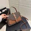 Brown and black vintage monogram crossbody bag with metal buckle and shoulder strap - Coffee Dual-color