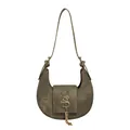 Vintage green crescent shoulder bag with golden SS logo and metallic fringe detail - Khaki