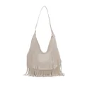 Bohemian ivory hobo tote bag with long tassels and soft faux leather texture - White