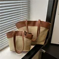 Bolsos shopper retro de paja tejida en tamaños grande y pequeño con asas de cuero marrón - Grande / Marrón Caqui
