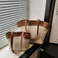 Set de bolsos de paja en blanco crema con ribete de cuero marrón para playa y vacaciones - Grande / Beige Marrón