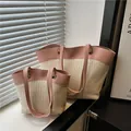 Ensemble de sacs cabas en similicuir rose et paille tressée beige en deux tailles - Rose Riz