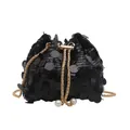Elegante borsa a secchiello in paillettes nere con catena d'oro e perle per serate - Nero