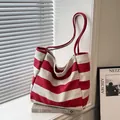 Canvas tote bag with red and white horizontal stripes and a large capacity for students - Red