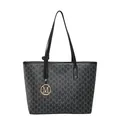 Black tote bag with dark grey monogram print and golden metal M-shaped charm - Black