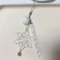 Winter snowflake charm with acrylic pendant, faux fur ball and printed ribbon keychain - Transparent Snowflake With White Plush Ball