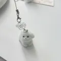 Llavero de perrito blanco con mosquetón plateado y cuenta decorativa transparente - Cadena de Teléfono Perro Copo