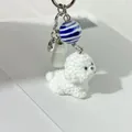 Cute white plush puppy keychain with beaded bone charm and round metal tag pendant - Cute Plush Puppy