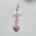 Pink bear handmade beaded phone strap with ribbon bow and heart-shaped pendant charms - Heart Milk Bear Style 1