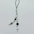 Y2K gothic phone strap with silver hollow stars, black beads, and metal rose charm - Cross Rose Star Style / Black