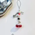 Handmade cherry charm phone strap with silver music notes and star beads on white background - Silver Guitar Note Style (2)
