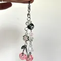 Pink cherry and billiard bead phone charm with silver metal chain and pearls - Pink