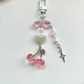 Süße Kirsch-Perlenkette für Handys mit rosa Schleife und Sternanhänger für Taschen - Rosa Kirsche Metall Schlüsselanhänger (D)