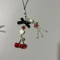 Ciondolo per cellulare con fiocco nero, stella argento, ciliegie rosse e perline cuore - Stile Ciliegia Medusa