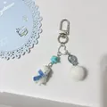 Cute flocked white bear keychain with blue star beads and soft pompom bag charm - Polar Bear Blue Scarf Keyring (1)