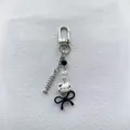 Cute white cat keychain with black bow and silver fish bone charm for bags and phones - Keychain Style (A Door Buckle)