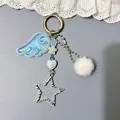 Portachiavi con ali d'angelo e stella con pendente laser e pompon bianco su sfondo pizzo - Ali Rosa Iridescenti (Stile 1)