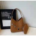 Brown faux leather tote bag set with silver chain charm and matching coin purse - Tote Bag And Pouch Set / Brown