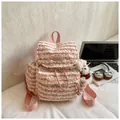 Pink striped plush backpack with cute teddy bear charm and adjustable straps - With Ornament / Pink Striped