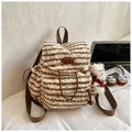 Winter striped fleece backpack in brown and white with a cute plush dog pendant - With Ornament / Brown Stripe