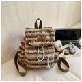 Winter striped plush backpack in brown and blue with cute teddy bear keychain - With Ornament / Blue Stripe