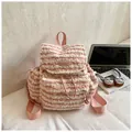 Pink and white striped plush backpack with soft fleece texture and leather logo patch - Without Ornament / Pink Striped