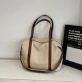 Grand sac cabas en toile blanc cassé avec poignées en similicuir marron pour voyage - Marron