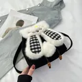 Detail of plush rabbit ears and HAPPY DAYS embroidery on cute drawstring backpack - Black