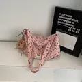 Pink corduroy crossbody bag with black hearts and cute brown plush bear charm - Pink With Pendant