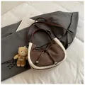 Brown faux suede crescent bag with white faux fur trim and cute bear charm strap - Brown with Pendant