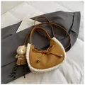 Brown suede crescent bag with white fleece trim and cute plush bear charm - Brown with Pendant