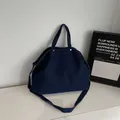 Minimalist navy denim canvas tote bag with long shoulder strap and large capacity - Dark Blue
