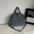 Deep blue washed denim tote bag with adjustable shoulder strap and large capacity - Vintage Blue