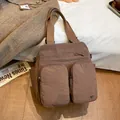 Brown vintage multi-pocket tote bag with waterproof texture and dual-use handles - Brown