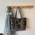 Fashionable jungle camouflage canvas tote bag with gray straps and durable metal D-ring - Gray