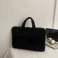 Black corduroy laptop tote bag with textured surface and convenient front zipper pocket - Black