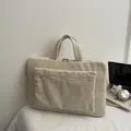 Cream corduroy laptop tote bag with dual zippers and large front pocket for office commute - White
