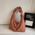 Minimalist terracotta winter tote bag with cloud-style pleated handle and side drawstrings - Brick Red
