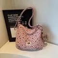 Pink corduroy tote bag with bow prints and cute brown bear pendant for daily commuting - With Ornament / Pink