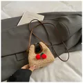 Mini beige plush cherry crossbody bag with fluffy lamb wool and a brown leather strap - Khaki