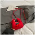 Cute red fleece mini crossbody bag featuring a knitted cherry pattern and leather strap - Pink