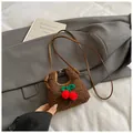 Cute brown plush cherry mini crossbody bag for women with fluffy lamb wool texture - Brown