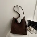 Dark brown faux suede tote bag with large capacity and minimalist shoulder strap - Coffee