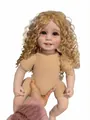 Detailed close-up of a realistic reborn doll with blonde curls and visible tiny teeth - Dense Golden Long Curly Hair (Nude Doll 4) / 55 cm